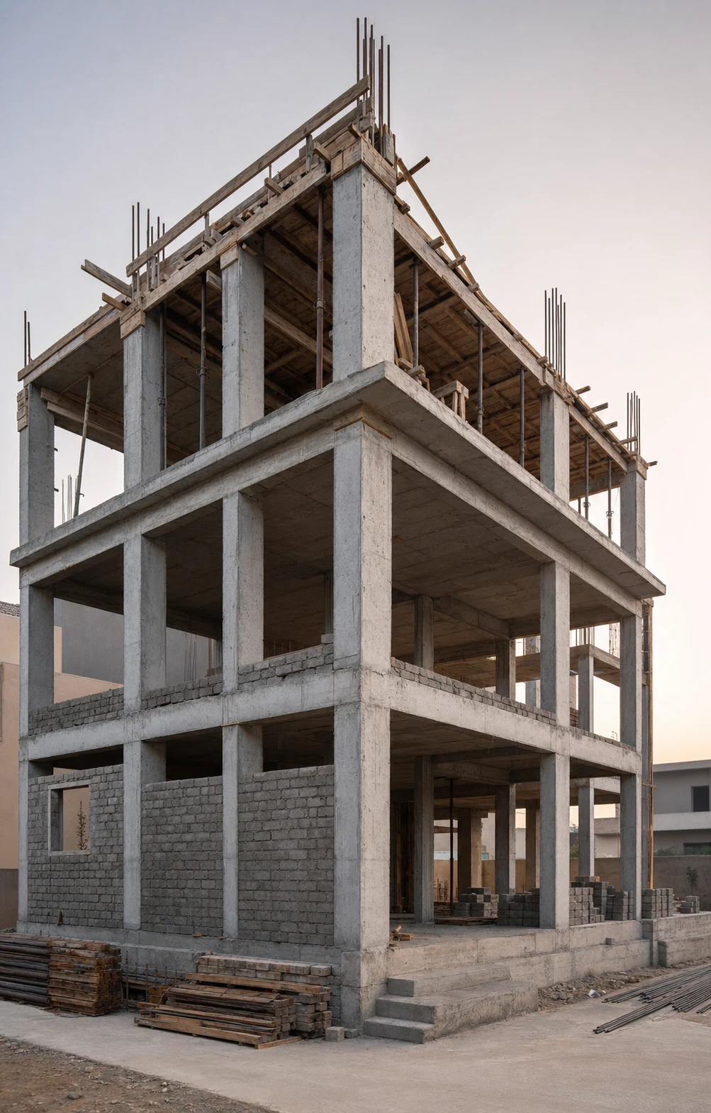 Reinforced-concrete residential structure during construction.
