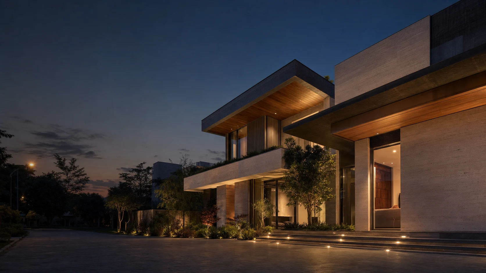 Contemporary luxury residence in Lahore at dusk.
