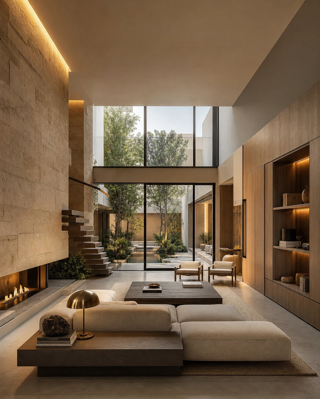 Contemporary double-height living room with warm stone and timber finishes.
