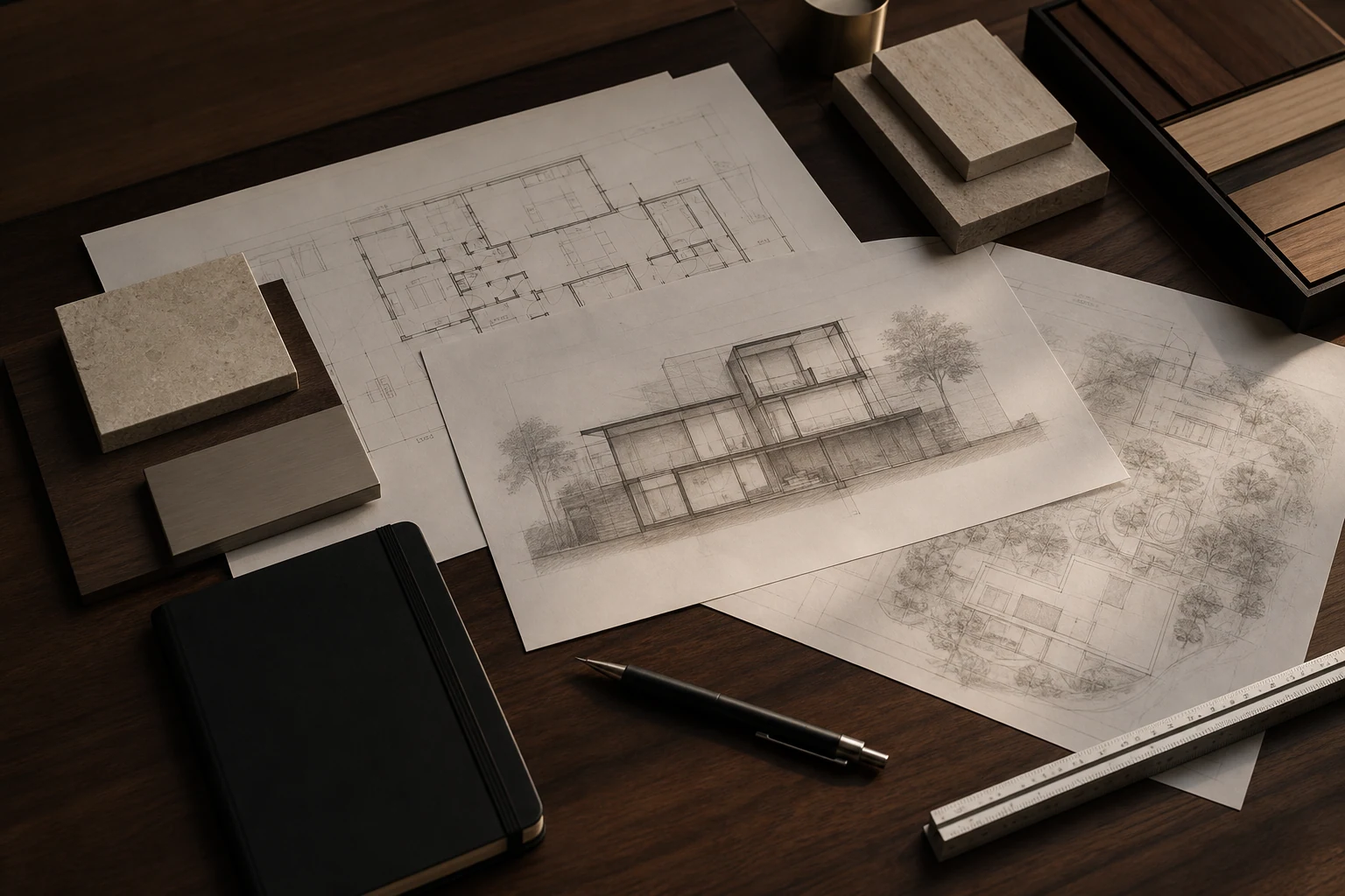 Architectural drawings and material samples arranged on a studio table.